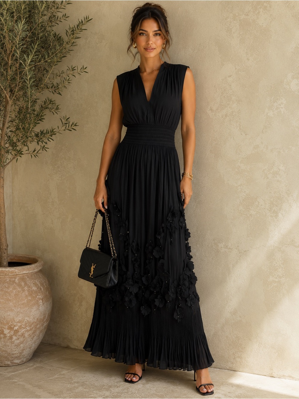 Ramy Brook Jacqueline Floral-Appliqué Maxi Dress in black